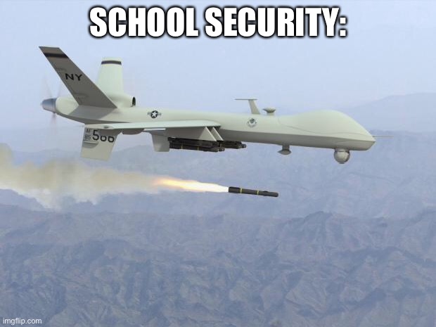 School security getting serious now | SCHOOL SECURITY: | image tagged in drone,school,security | made w/ Imgflip meme maker