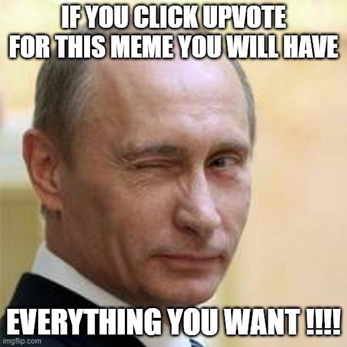 Putin Winking | IF YOU CLICK UPVOTE FOR THIS MEME YOU WILL HAVE; EVERYTHING YOU WANT !!!! | image tagged in putin winking | made w/ Imgflip meme maker