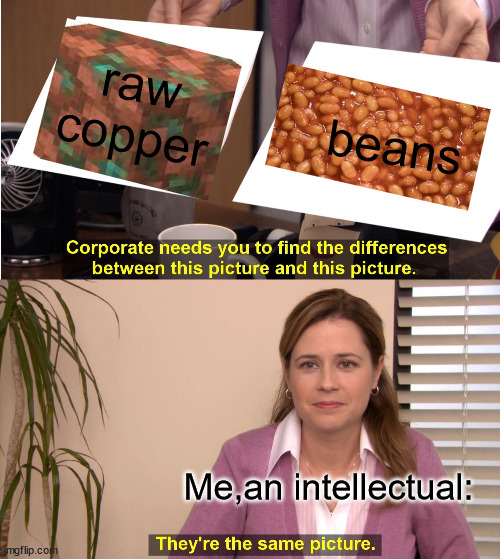 Orebeans | raw copper; beans; Me,an intellectual: | image tagged in memes,they're the same picture | made w/ Imgflip meme maker