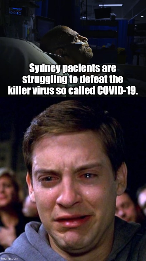 no comment | Sydney pacients are struggling to defeat the killer virus so called COVID-19. | image tagged in crying peter parker,sydney,coronavirus,covid-19,sad,memes | made w/ Imgflip meme maker