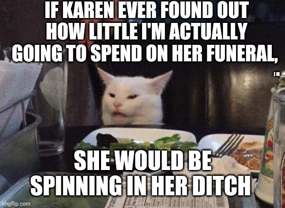 Salad cat | IF KAREN EVER FOUND OUT HOW LITTLE I'M ACTUALLY GOING TO SPEND ON HER FUNERAL, J M; SHE WOULD BE SPINNING IN HER DITCH | image tagged in salad cat | made w/ Imgflip meme maker