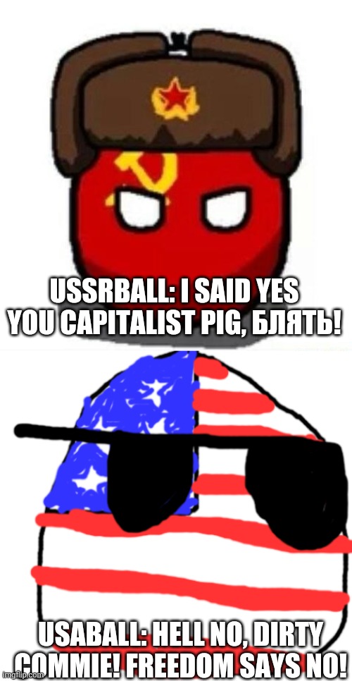 USSRBALL: I SAID YES YOU CAPITALIST PIG, БЛЯТЬ! USABALL: HELL NO, DIRTY COMMIE! FREEDOM SAYS NO! | image tagged in ussr ball,'murica | made w/ Imgflip meme maker