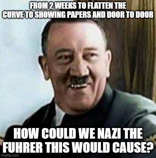 Ze Fuhrer Over Zis Scheisse | FROM 2 WEEKS TO FLATTEN THE CURVE TO SHOWING PAPERS AND DOOR TO DOOR; HOW COULD WE NAZI THE FUHRER THIS WOULD CAUSE? | image tagged in laughing hitler | made w/ Imgflip meme maker