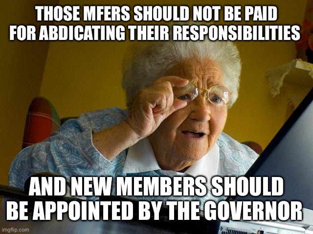 Grandma Finds The Internet Meme | THOSE MFERS SHOULD NOT BE PAID FOR ABDICATING THEIR RESPONSIBILITIES AND NEW MEMBERS SHOULD BE APPOINTED BY THE GOVERNOR | image tagged in memes,grandma finds the internet | made w/ Imgflip meme maker