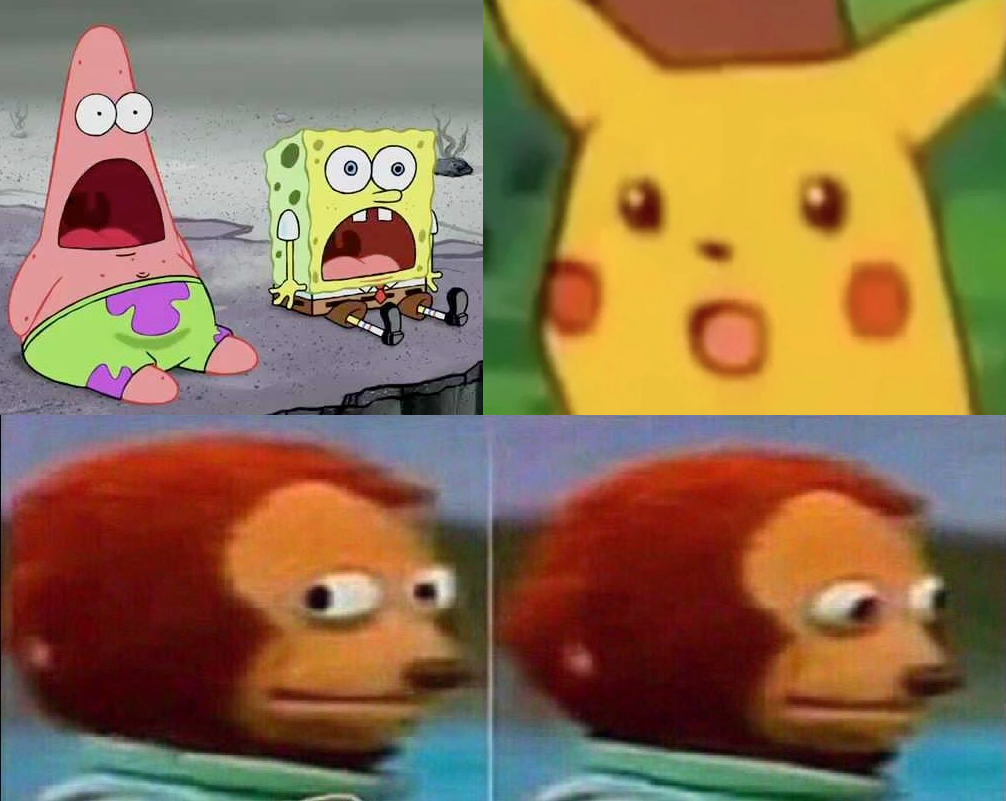 High Quality Surprised Patrick, Spongebob, Pikachu and Monkey looking away Blank Meme Template
