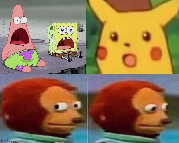 Link in the comments! | image tagged in surprised patrick spongebob pikachu and monkey looking away,memes,spongebob,pokemon,monkey looking away | made w/ Imgflip meme maker