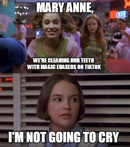 Cokie Talks to Mary Anne | MARY ANNE, WE'RE CLEANING OUR TEETH 
WITH MAGIC ERASERS ON TIKTOK; I'M NOT GOING TO CRY | image tagged in cokie talks to mary anne,memes,magic eraser,mr clean,tiktok,stupid | made w/ Imgflip meme maker