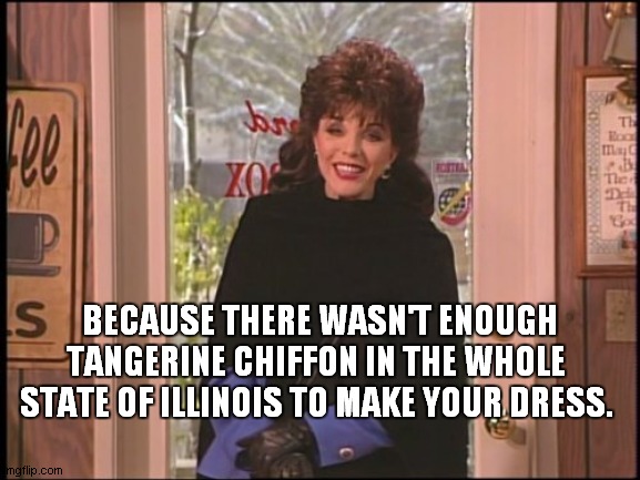there wasn't enough tangerine chiffon in the whole state of Illinois to make your dress | BECAUSE THERE WASN'T ENOUGH TANGERINE CHIFFON IN THE WHOLE STATE OF ILLINOIS TO MAKE YOUR DRESS. | image tagged in dress,drag queen | made w/ Imgflip meme maker
