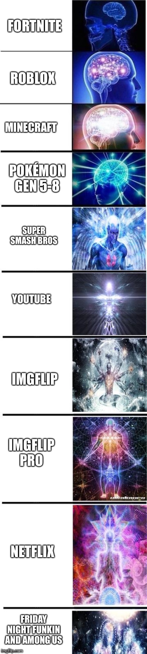 This is part 2 of my original 7 panel one | FORTNITE; ROBLOX; MINECRAFT; POKÉMON GEN 5-8; SUPER SMASH BROS; YOUTUBE; IMGFLIP; IMGFLIP PRO; NETFLIX; FRIDAY NIGHT FUNKIN AND AMONG US | image tagged in expanding brain 10 panel,wow | made w/ Imgflip meme maker