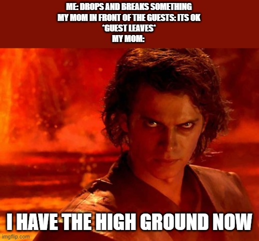 You Underestimate My Power | ME: DROPS AND BREAKS SOMETHING

MY MOM IN FRONT OF THE GUESTS: ITS OK

*GUEST LEAVES*

MY MOM:; I HAVE THE HIGH GROUND NOW | image tagged in memes,i have the high ground | made w/ Imgflip meme maker