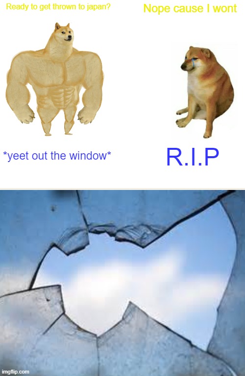 Well No Cheems were harmed in the making | Ready to get thrown to japan? Nope cause I wont; *yeet out the window*; R.I.P | image tagged in memes,buff doge vs cheems | made w/ Imgflip meme maker