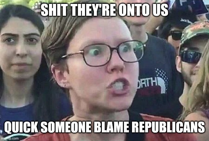 Triggered Liberal | SHIT THEY'RE ONTO US QUICK SOMEONE BLAME REPUBLICANS | image tagged in triggered liberal | made w/ Imgflip meme maker