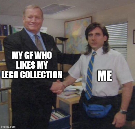 the office congratulations | MY GF WHO LIKES MY LEGO COLLECTION; ME | image tagged in the office congratulations | made w/ Imgflip meme maker