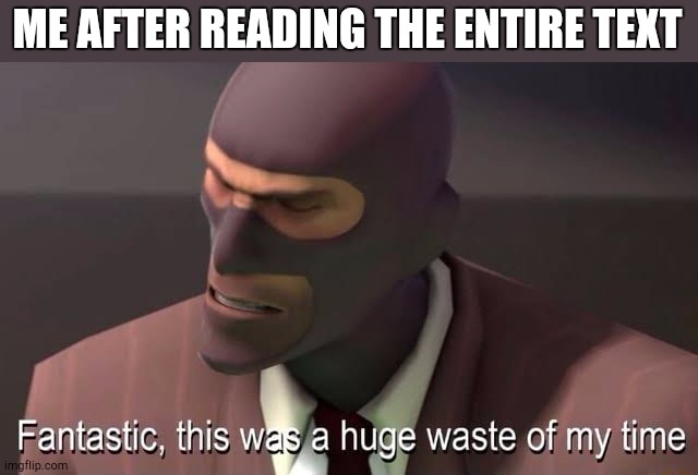 Fantastic, this was a huge waste of my time | ME AFTER READING THE ENTIRE TEXT | image tagged in fantastic this was a huge waste of my time | made w/ Imgflip meme maker