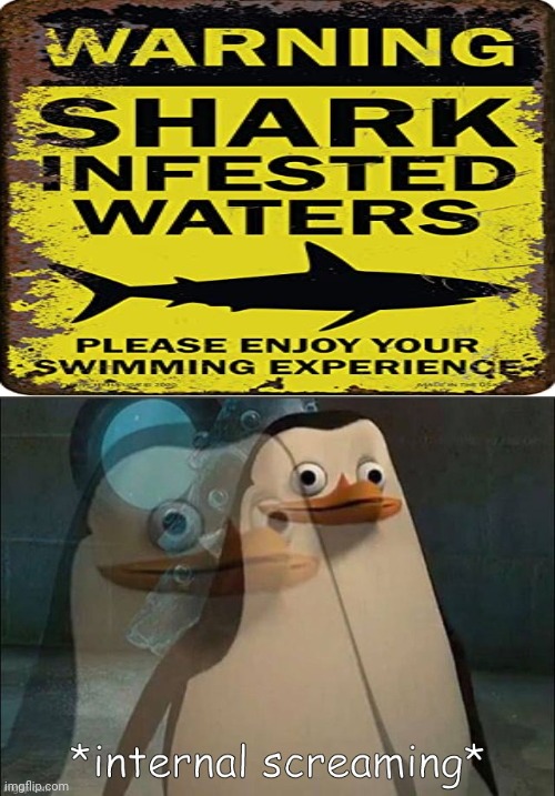 Warning: Shark infested waters | image tagged in rico internal screaming,sharks,shark,memes,warning sign,funny signs | made w/ Imgflip meme maker