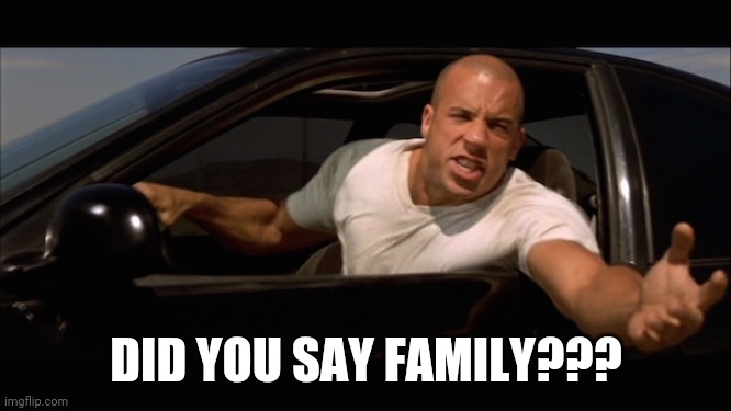 dominic toretto fast and furious | DID YOU SAY FAMILY??? | image tagged in dominic toretto fast and furious | made w/ Imgflip meme maker