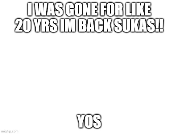 Blank White Template | I WAS GONE FOR LIKE 20 YRS IM BACK SUKAS!! YOS | image tagged in blank white template | made w/ Imgflip meme maker