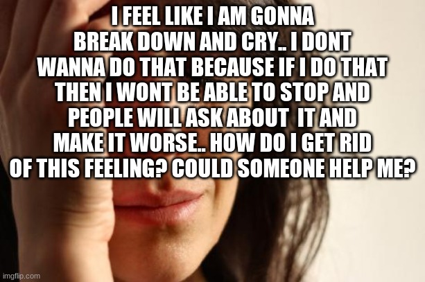 i need help.. | I FEEL LIKE I AM GONNA BREAK DOWN AND CRY.. I DONT WANNA DO THAT BECAUSE IF I DO THAT THEN I WONT BE ABLE TO STOP AND PEOPLE WILL ASK ABOUT  IT AND MAKE IT WORSE.. HOW DO I GET RID OF THIS FEELING? COULD SOMEONE HELP ME? | image tagged in memes,first world problems | made w/ Imgflip meme maker