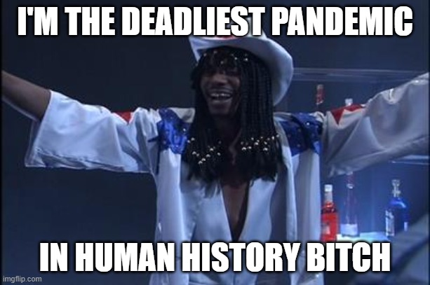 Dave chappelle rick james | I'M THE DEADLIEST PANDEMIC; IN HUMAN HISTORY BITCH | image tagged in dave chappelle rick james | made w/ Imgflip meme maker