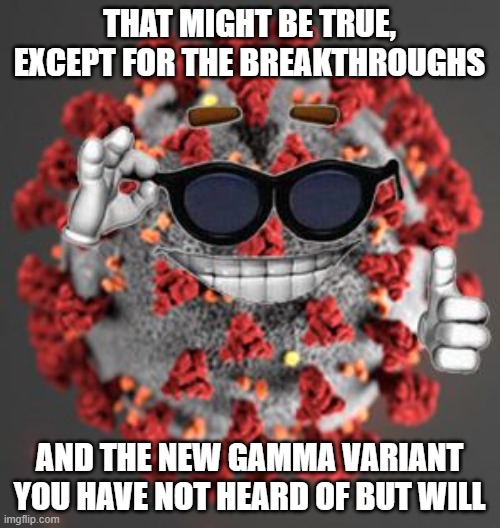 Coronavirus | THAT MIGHT BE TRUE, EXCEPT FOR THE BREAKTHROUGHS AND THE NEW GAMMA VARIANT YOU HAVE NOT HEARD OF BUT WILL | image tagged in coronavirus | made w/ Imgflip meme maker