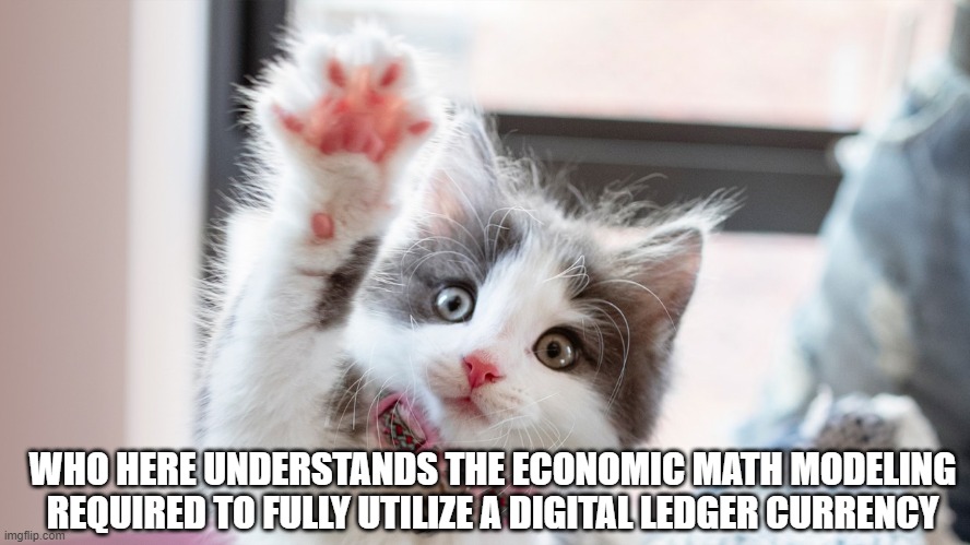 You got advisors, I got 2 masters and a phd | WHO HERE UNDERSTANDS THE ECONOMIC MATH MODELING REQUIRED TO FULLY UTILIZE A DIGITAL LEDGER CURRENCY | image tagged in e,q,cat with hand up | made w/ Imgflip meme maker