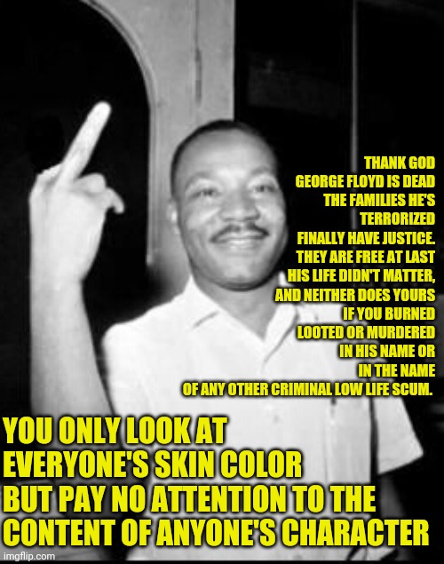 Condoleezza Rice said it best | THANK GOD
GEORGE FLOYD IS DEAD
THE FAMILIES HE'S TERRORIZED
FINALLY HAVE JUSTICE.
THEY ARE FREE AT LAST
HIS LIFE DIDN'T MATTER,
AND NEITHER DOES YOURS
IF YOU BURNED LOOTED OR MURDERED
IN HIS NAME OR IN THE NAME
OF ANY OTHER CRIMINAL LOW LIFE SCUM. YOU ONLY LOOK AT
EVERYONE'S SKIN COLOR
BUT PAY NO ATTENTION TO THE CONTENT OF ANYONE'S CHARACTER | image tagged in mlk martin luther king jr mlk middle finger the bird | made w/ Imgflip meme maker