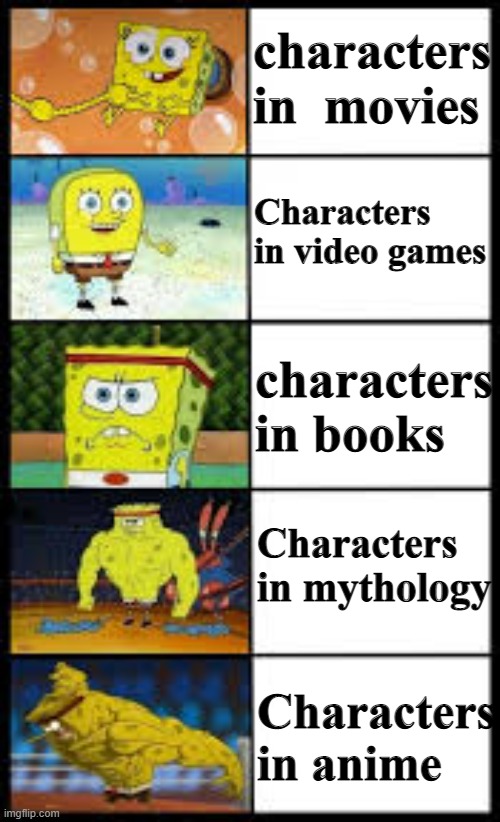 if you deny this you do are have stupid | characters in  movies; Characters in video games; characters in books; Characters in mythology; Characters in anime | image tagged in spongbob weak to buff | made w/ Imgflip meme maker
