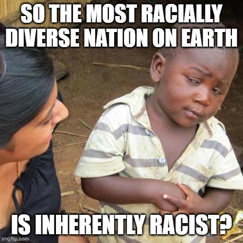 Racist Nation? | SO THE MOST RACIALLY DIVERSE NATION ON EARTH; IS INHERENTLY RACIST? | image tagged in memes,third world skeptical kid,racism,racist,passive aggressive racism,racists | made w/ Imgflip meme maker
