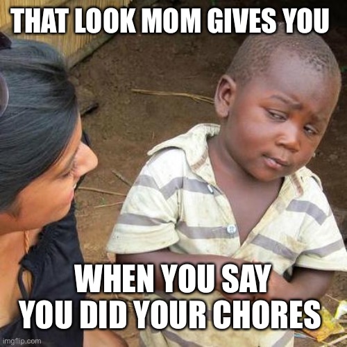 Third World Skeptical Kid Meme | THAT LOOK MOM GIVES YOU; WHEN YOU SAY YOU DID YOUR CHORES | image tagged in memes,third world skeptical kid | made w/ Imgflip meme maker