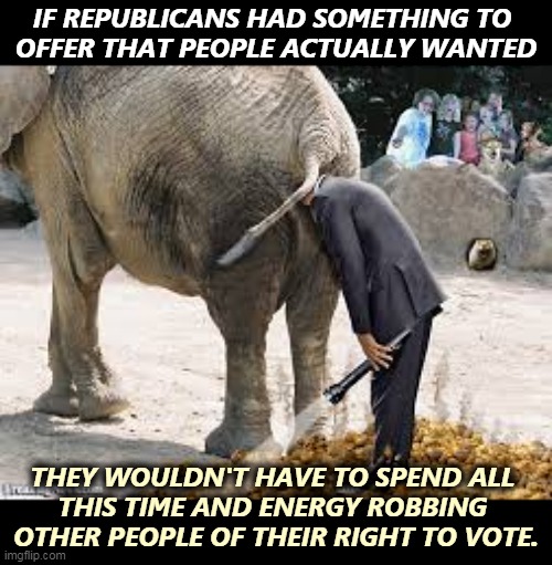 Republicans are not a majority of Americans. They can only win by denying citizens of their constitutional rights. | IF REPUBLICANS HAD SOMETHING TO 
OFFER THAT PEOPLE ACTUALLY WANTED; THEY WOULDN'T HAVE TO SPEND ALL 
THIS TIME AND ENERGY ROBBING 
OTHER PEOPLE OF THEIR RIGHT TO VOTE. | image tagged in republicans,empty,vote,robbery | made w/ Imgflip meme maker