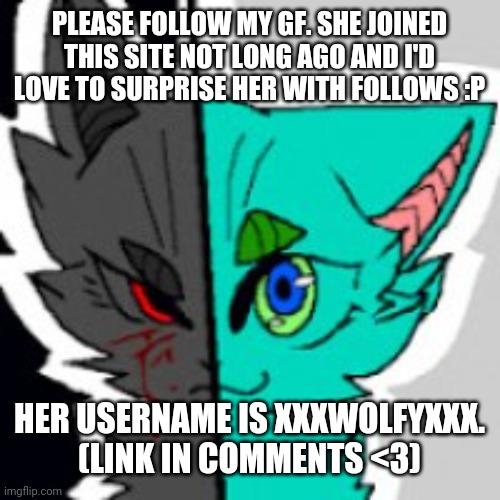 She deserves it. <3 | PLEASE FOLLOW MY GF. SHE JOINED THIS SITE NOT LONG AGO AND I'D LOVE TO SURPRISE HER WITH FOLLOWS :P; HER USERNAME IS XXXWOLFYXXX. (LINK IN COMMENTS <3) | image tagged in retrofurry announcement template,furry | made w/ Imgflip meme maker