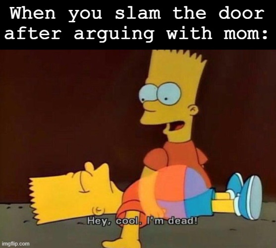 MOM I'M SORRY, IT WAS AN ACCIDENT, IT WAS THE WIND- *Dead* | When you slam the door after arguing with mom: | image tagged in hey cool i'm dead,memes,funny,fun,argument,oh god | made w/ Imgflip meme maker