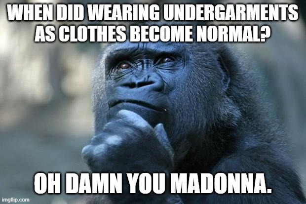 Deep Thoughts | WHEN DID WEARING UNDERGARMENTS AS CLOTHES BECOME NORMAL? OH DAMN YOU MADONNA. | image tagged in deep thoughts | made w/ Imgflip meme maker