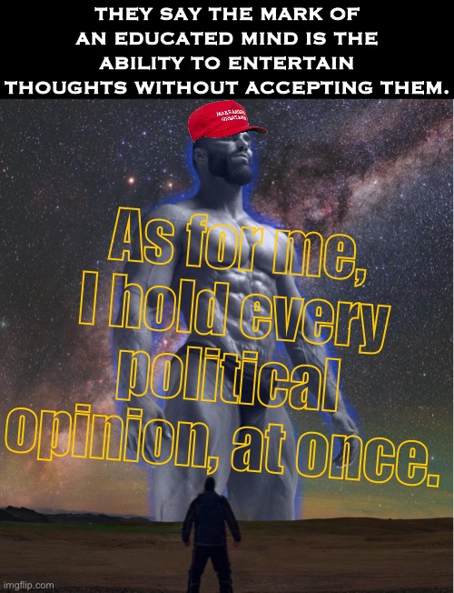 v rare self-cringe | THEY SAY THE MARK OF AN EDUCATED MIND IS THE ABILITY TO ENTERTAIN THOUGHTS WITHOUT ACCEPTING THEM. As for me, I hold every political opinion, at once. | image tagged in omega chad | made w/ Imgflip meme maker