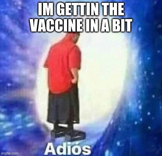 Adios | IM GETTIN THE VACCINE IN A BIT | image tagged in adios | made w/ Imgflip meme maker