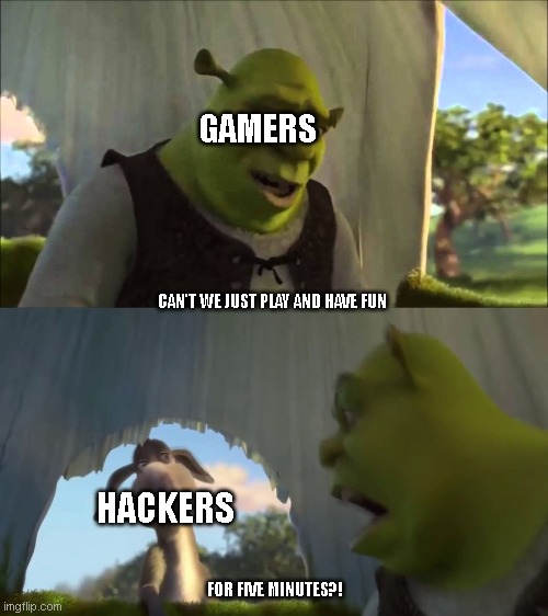 shrek five minutes |  GAMERS; CAN'T WE JUST PLAY AND HAVE FUN; HACKERS; FOR FIVE MINUTES?! | image tagged in shrek five minutes | made w/ Imgflip meme maker