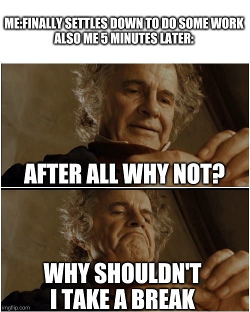 who can relate? | ME:FINALLY SETTLES DOWN TO DO SOME WORK
ALSO ME 5 MINUTES LATER:; AFTER ALL WHY NOT? WHY SHOULDN'T I TAKE A BREAK | image tagged in bilbo - why shouldn t i keep it | made w/ Imgflip meme maker
