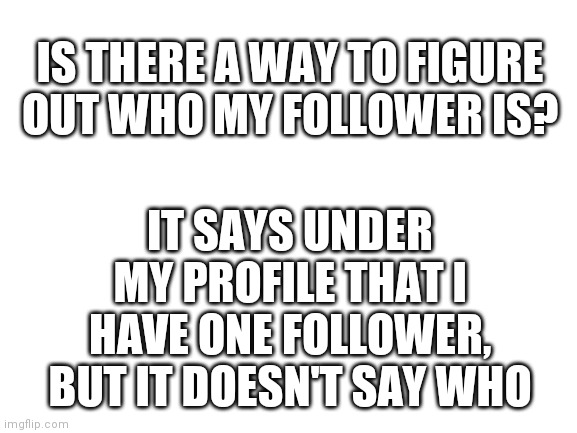I Probably Can't Find Out, But I Figured I'd Ask Anyway | IS THERE A WAY TO FIGURE OUT WHO MY FOLLOWER IS? IT SAYS UNDER MY PROFILE THAT I HAVE ONE FOLLOWER, BUT IT DOESN'T SAY WHO | image tagged in blank white template | made w/ Imgflip meme maker
