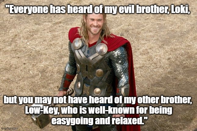 Funny Thor Marvel meme - "You may not have heard of my other brother, Low-Key, well-known for being easygoing and relaxed." | "Everyone has heard of my evil brother, Loki, but you may not have heard of my other brother, 
Low-Key, who is well-known for being
 easygoing and relaxed." | image tagged in memes,funny memes,humor,thor,marvel,loki | made w/ Imgflip meme maker