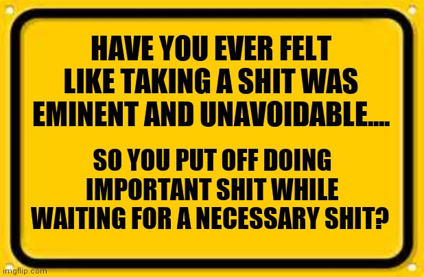 Oh, shit! | HAVE YOU EVER FELT LIKE TAKING A SHIT WAS EMINENT AND UNAVOIDABLE.... SO YOU PUT OFF DOING IMPORTANT SHIT WHILE WAITING FOR A NECESSARY SHIT? | image tagged in memes,shit,oh shit,shitpost,shit happens,shit just got real | made w/ Imgflip meme maker