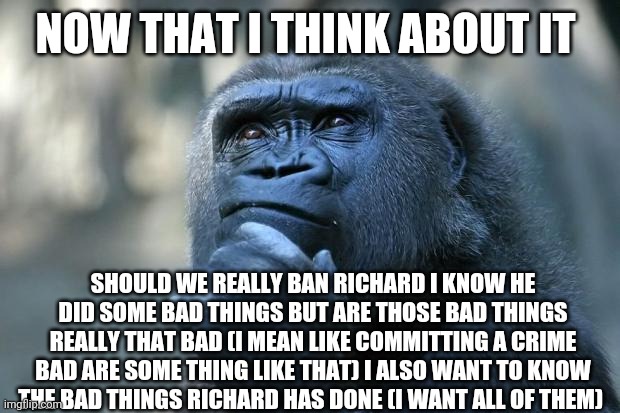 DON'T attack me for this the suppenshion should be good enough | NOW THAT I THINK ABOUT IT; SHOULD WE REALLY BAN RICHARD I KNOW HE DID SOME BAD THINGS BUT ARE THOSE BAD THINGS REALLY THAT BAD (I MEAN LIKE COMMITTING A CRIME BAD ARE SOME THING LIKE THAT) I ALSO WANT TO KNOW THE BAD THINGS RICHARD HAS DONE (I WANT ALL OF THEM) | image tagged in deep thoughts | made w/ Imgflip meme maker