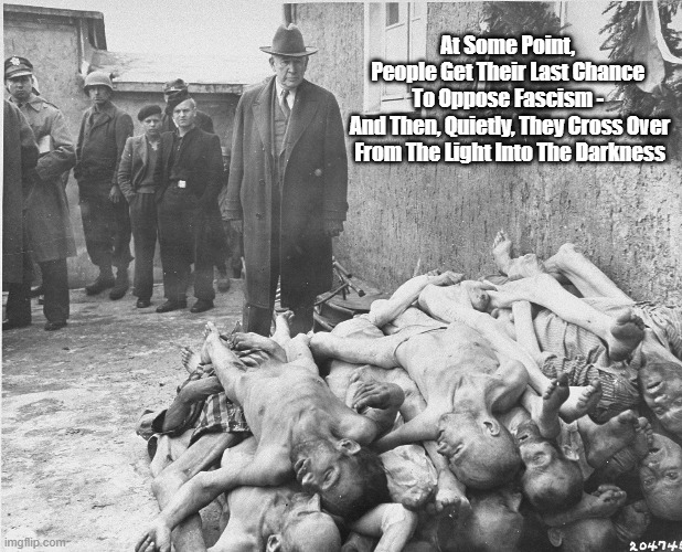 "At Some Point, People Get Their Last Chance To Oppose Fascism, And Then..." | At Some Point, 
People Get Their Last Chance 
To Oppose Fascism - 
And Then, Quietly, They Cross Over From The Light Into The Darkness | image tagged in fascism,holocaust,hiter's germany,denial,inaction,good people who do nothing | made w/ Imgflip meme maker