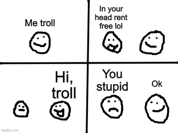 Blank White Template | In your head rent free lol; Me troll; You stupid; Hi, troll; Ok | image tagged in blank white template,rent free | made w/ Imgflip meme maker