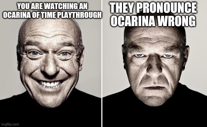Dean Norris reaction | THEY PRONOUNCE OCARINA WRONG; YOU ARE WATCHING AN OCARINA OF TIME PLAYTHROUGH | image tagged in dean norris reaction | made w/ Imgflip meme maker