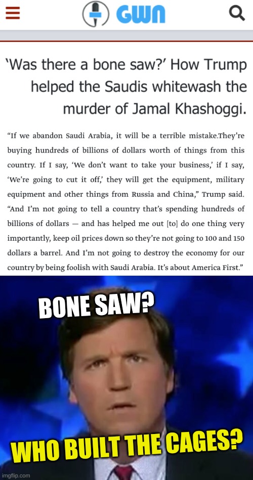 bone spurs? bone saw? | BONE SAW? WHO BUILT THE CAGES? | image tagged in confused tucker carlson,donald trump,saudi arabia,conservative hypocrisy,murder,jamal khashoggi | made w/ Imgflip meme maker