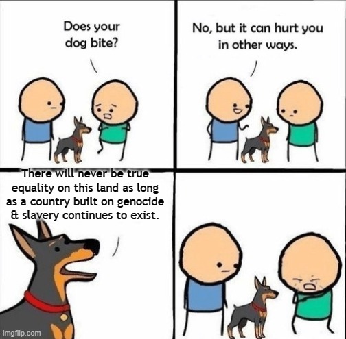 You're either part of the solution or you're a patriot. | There will never be true equality on this land as long as a country built on genocide & slavery continues to exist. | image tagged in does your dog bite,genocide,slavery,inequality,bigotry,police state | made w/ Imgflip meme maker