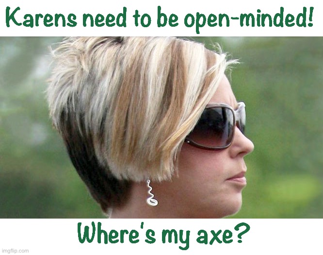 Open-minded | Karens need to be open-minded! Where's my axe? | image tagged in karen,intolerance,dark humor,rick75230 | made w/ Imgflip meme maker