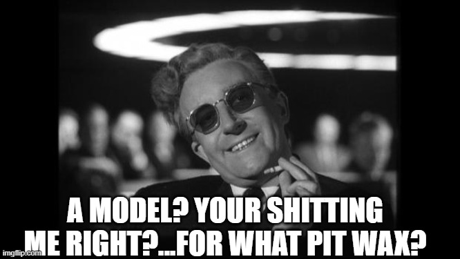 dr strangelove | A MODEL? YOUR SHITTING ME RIGHT?...FOR WHAT PIT WAX? | image tagged in dr strangelove | made w/ Imgflip meme maker