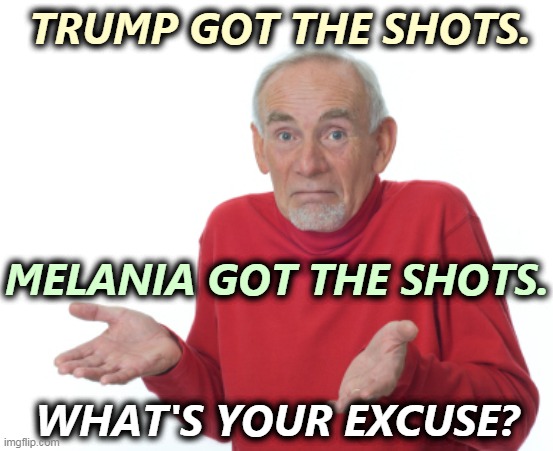 It's stupid to risk your life when Trump won't risk his. | TRUMP GOT THE SHOTS. MELANIA GOT THE SHOTS. WHAT'S YOUR EXCUSE? | image tagged in guess i'll die,trump,vaccination,brave,anti vax,stupid | made w/ Imgflip meme maker