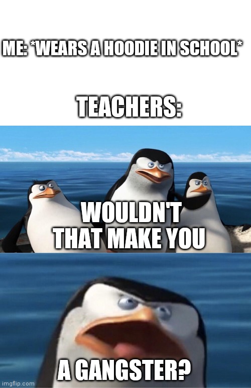 Can anyone relate to this? |  ME: *WEARS A HOODIE IN SCHOOL*; TEACHERS:; WOULDN'T THAT MAKE YOU; A GANGSTER? | image tagged in wouldn't that make you,memes | made w/ Imgflip meme maker